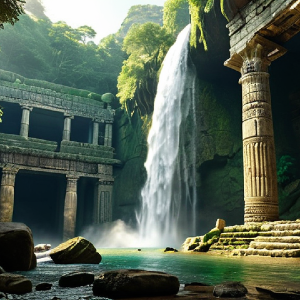 A breathtaking scene where ancient, weathered stone ruins, resembling a lost civilization's grand temple with intricate carvings and towering pillars, stand majestically by a powerful, cascading waterfall. The waterfall creates a misty, refreshing atmosphere, with lush green foliage surrounding the historical structures. Sunlight dapples through the trees, illuminating the textures of the old stones and the shimmering water. The image evokes a profound sense of history, mystery, and the harmonious coexistence of human ingenuity and raw nature. Cinematic lighting, highly detailed.