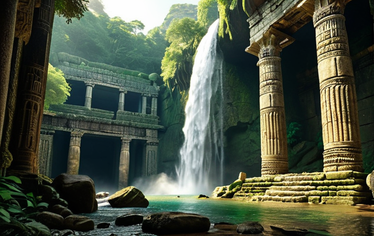A breathtaking scene where ancient, weathered stone ruins, resembling a lost civilization's grand temple with intricate carvings and towering pillars, stand majestically by a powerful, cascading waterfall. The waterfall creates a misty, refreshing atmosphere, with lush green foliage surrounding the historical structures. Sunlight dapples through the trees, illuminating the textures of the old stones and the shimmering water. The image evokes a profound sense of history, mystery, and the harmonious coexistence of human ingenuity and raw nature. Cinematic lighting, highly detailed.