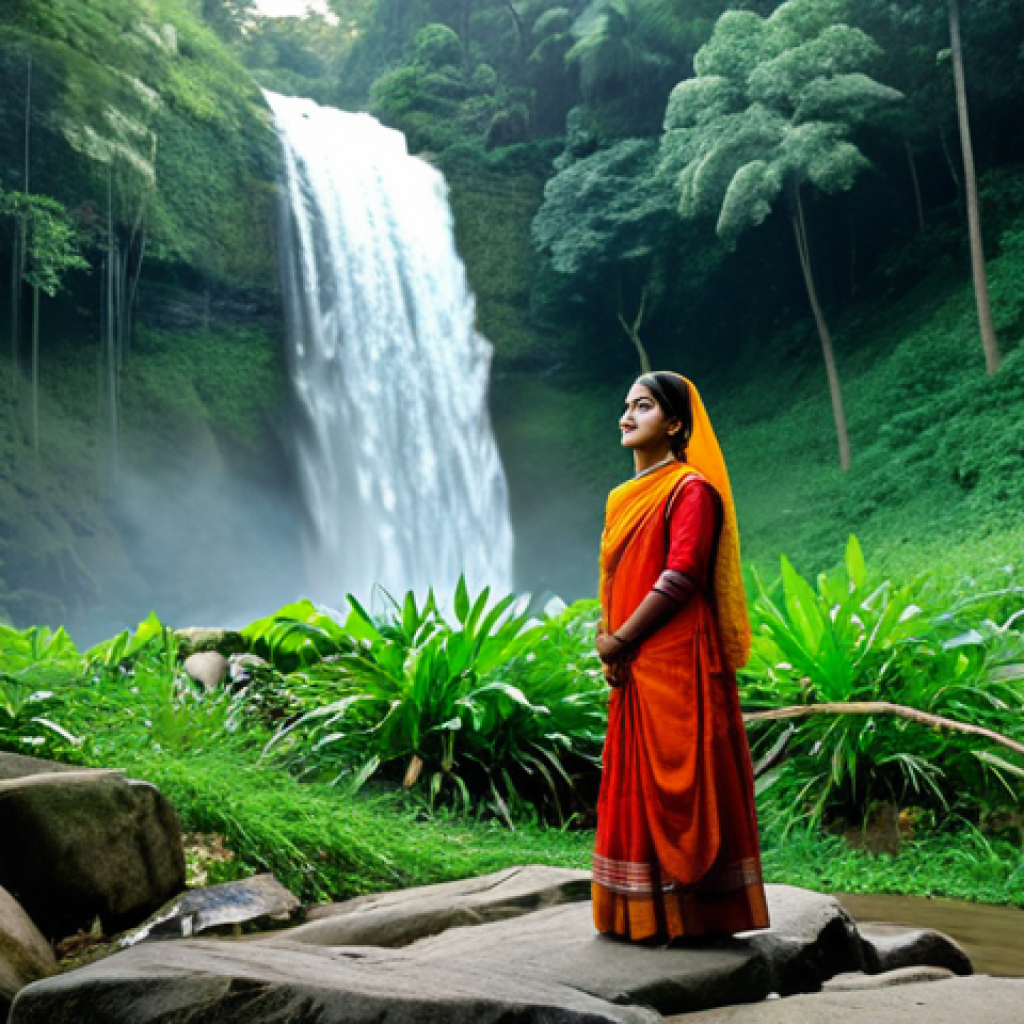 **

A fully clothed Bengali woman in modest traditional attire stands near a cascading waterfall nestled in a lush green forest, safe for work, appropriate content, perfect anatomy, natural proportions, professional photography, high quality, family-friendly. The scene is bathed in soft, natural light, emphasizing the serene beauty of the environment. The woman is looking towards the waterfall with a peaceful expression.

**