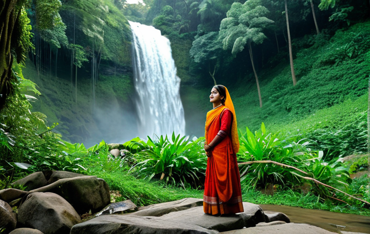 **

A fully clothed Bengali woman in modest traditional attire stands near a cascading waterfall nestled in a lush green forest, safe for work, appropriate content, perfect anatomy, natural proportions, professional photography, high quality, family-friendly. The scene is bathed in soft, natural light, emphasizing the serene beauty of the environment. The woman is looking towards the waterfall with a peaceful expression.

**