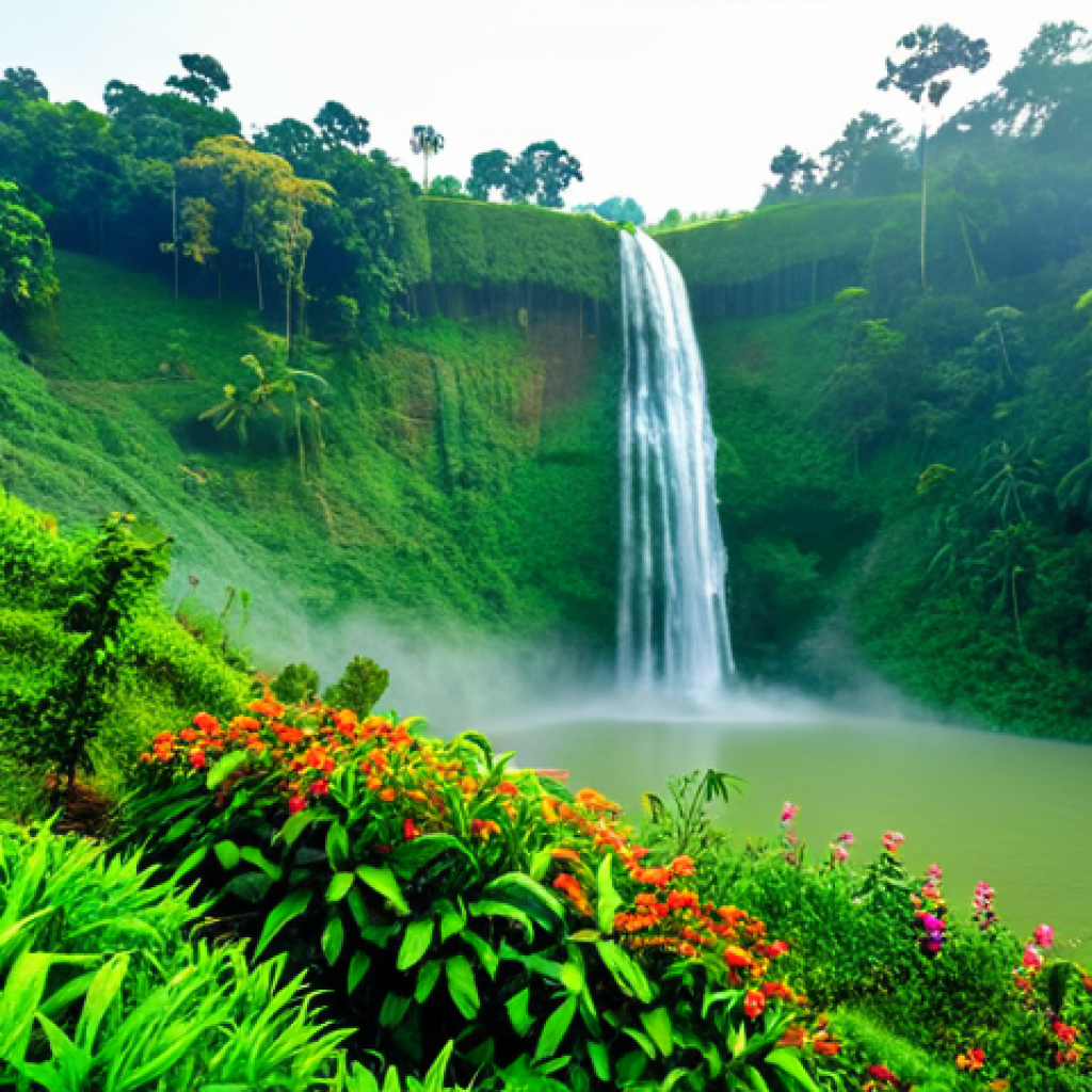 Serene Waterfall Landscape

A majestic waterfall cascading down a lush, green hillside in Bandarban, Bangladesh. Mist hangs in the air, creating a mystical atmosphere. Sunlight filters through the trees, illuminating the cascading water. In the foreground, vibrant flowers and plants add to the natural beauty. Safe for work, appropriate content, fully clothed, family-friendly, professional photography, perfect anatomy, natural proportions.

##