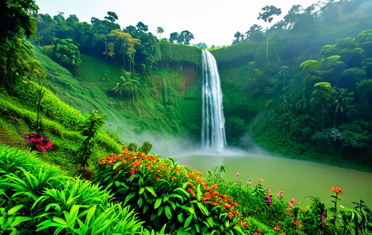 Serene Waterfall Landscape

A majestic waterfall cascading down a lush, green hillside in Bandarban, Bangladesh. Mist hangs in the air, creating a mystical atmosphere. Sunlight filters through the trees, illuminating the cascading water. In the foreground, vibrant flowers and plants add to the natural beauty. Safe for work, appropriate content, fully clothed, family-friendly, professional photography, perfect anatomy, natural proportions.

##