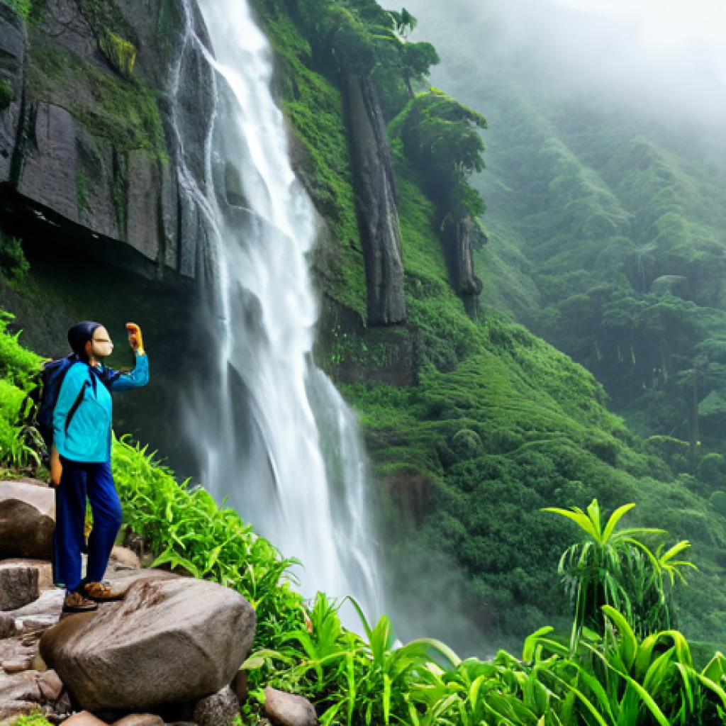 **

"A lush green hillside scene in the monsoon season, with a multi-tiered waterfall cascading down rocks. Mist and fog fill the air, creating a dreamy atmosphere. A fully clothed woman in modest trekking attire gazes at the scene, natural pose, perfect anatomy, well-formed hands, proper finger count. Safe for work, appropriate content, family-friendly, professional photography, high quality."

**