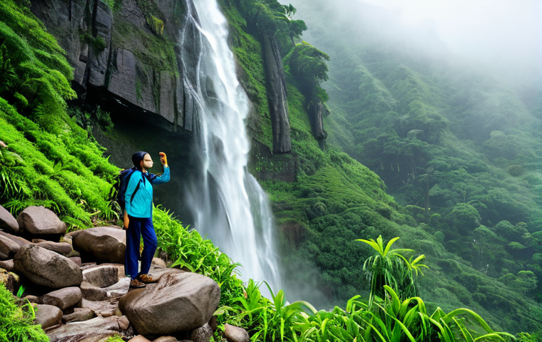 **

"A lush green hillside scene in the monsoon season, with a multi-tiered waterfall cascading down rocks. Mist and fog fill the air, creating a dreamy atmosphere. A fully clothed woman in modest trekking attire gazes at the scene, natural pose, perfect anatomy, well-formed hands, proper finger count. Safe for work, appropriate content, family-friendly, professional photography, high quality."

**