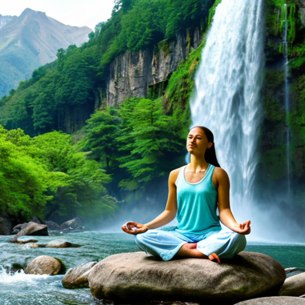 **

A serene meditation center nestled in the foothills of a mountain range. Lush green forests surround the center, with a clear, cascading waterfall in the background. A fully clothed woman is meditating peacefully near the waterfall, wearing modest, light-colored clothing. Focus on the natural beauty of the environment. Safe for work, appropriate content, professional photography, perfect anatomy, natural proportions.

**