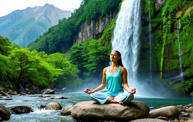 **

A serene meditation center nestled in the foothills of a mountain range. Lush green forests surround the center, with a clear, cascading waterfall in the background. A fully clothed woman is meditating peacefully near the waterfall, wearing modest, light-colored clothing. Focus on the natural beauty of the environment. Safe for work, appropriate content, professional photography, perfect anatomy, natural proportions.

**