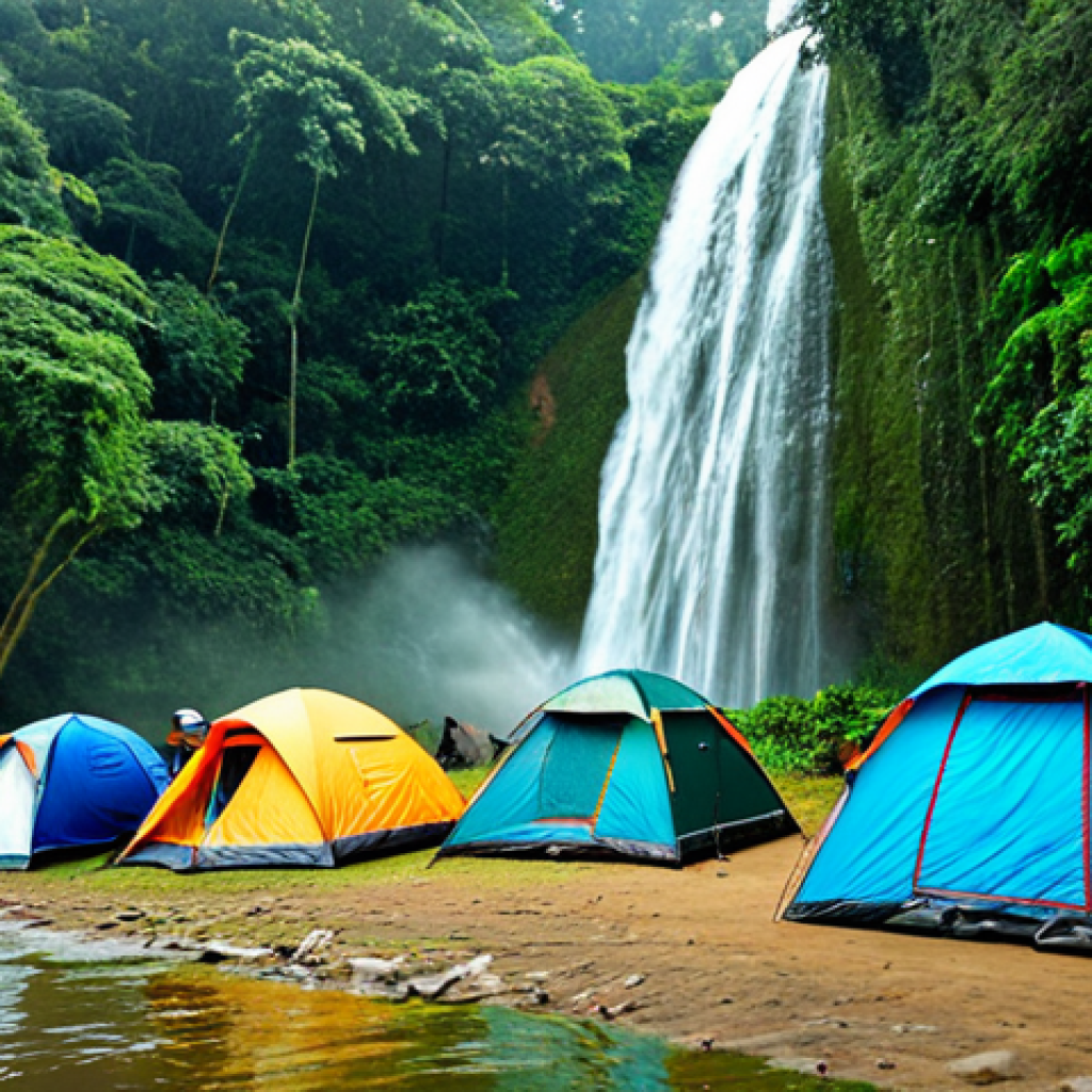 Ham Ham Waterfall Camping**

A group of fully clothed trekkers (appropriate attire) near Ham Ham waterfall in Sylhet, Bangladesh. Lush green jungle surrounds the waterfall. Tents are pitched safely away from the water. Safe for work. Perfect anatomy, correct proportions, natural pose. Professional, modest, family-friendly, high quality.

**