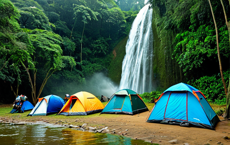 Ham Ham Waterfall Camping**

A group of fully clothed trekkers (appropriate attire) near Ham Ham waterfall in Sylhet, Bangladesh. Lush green jungle surrounds the waterfall. Tents are pitched safely away from the water. Safe for work. Perfect anatomy, correct proportions, natural pose. Professional, modest, family-friendly, high quality.

**