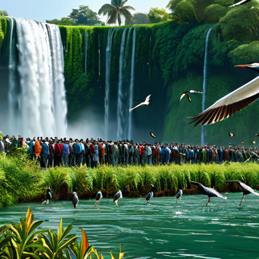 A scenic view of a waterfall teeming with migratory birds, fully clothed, appropriate attire, safe for work. Birds are diving into the water and flying around lush greenery. In the background, local people are observing the birds. Perfect anatomy, correct proportions, natural pose, professional, high quality.