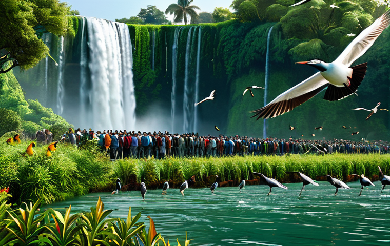 A scenic view of a waterfall teeming with migratory birds, fully clothed, appropriate attire, safe for work. Birds are diving into the water and flying around lush greenery. In the background, local people are observing the birds. Perfect anatomy, correct proportions, natural pose, professional, high quality.