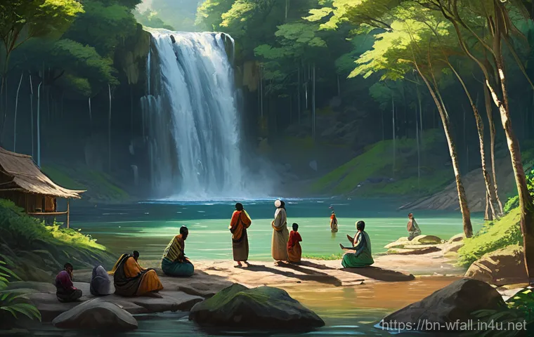 폭포와 자연 생태계 - **Prompt 2: Vibrant Waterfall Ecosystem**
    "A close-up, highly detailed shot showcasing the rich ...