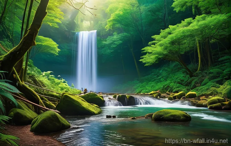 폭포 인근 체험 프로그램 - **Hidden Waterfall Trekking Adventure**
    "A vibrant, picturesque landscape depicting a lush, emer...