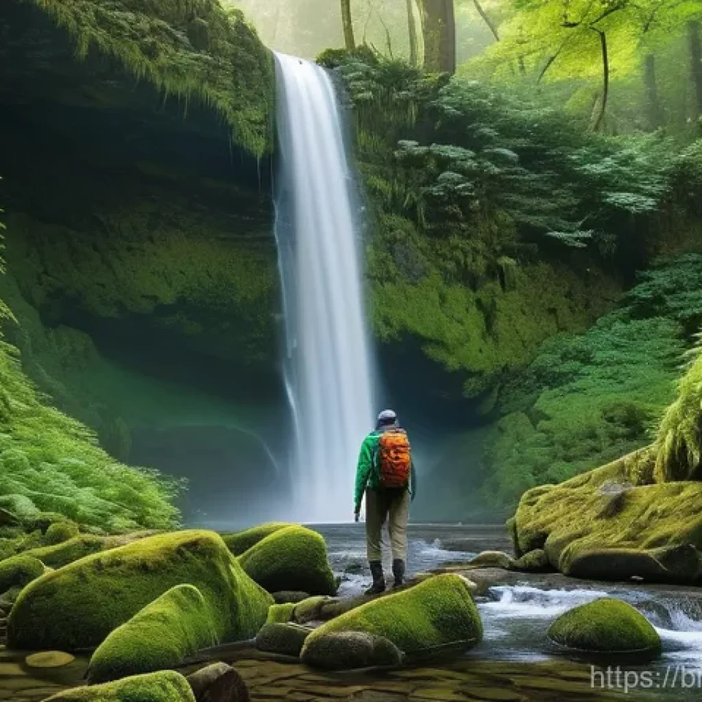 폭포가 있는 비밀 여행지 - **Prompt 1: "A lone adventurer stands in quiet awe before a majestic, hidden waterfall, deep within ...