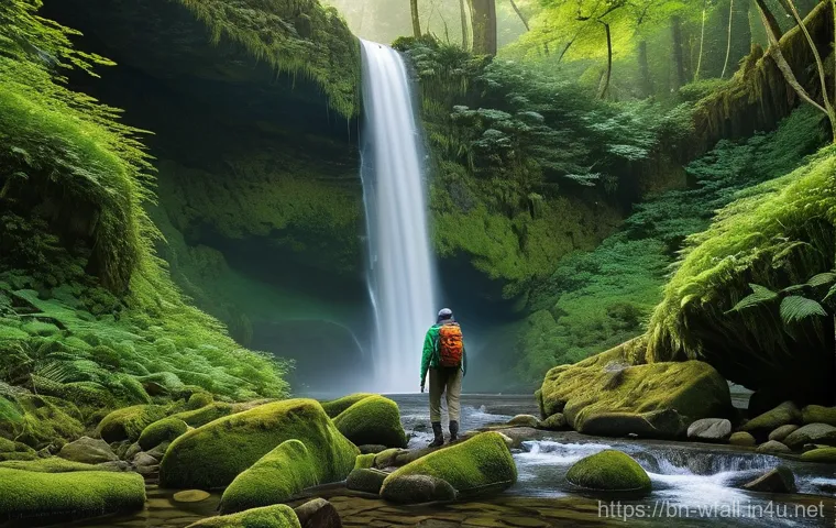폭포가 있는 비밀 여행지 - **Prompt 1: "A lone adventurer stands in quiet awe before a majestic, hidden waterfall, deep within ...