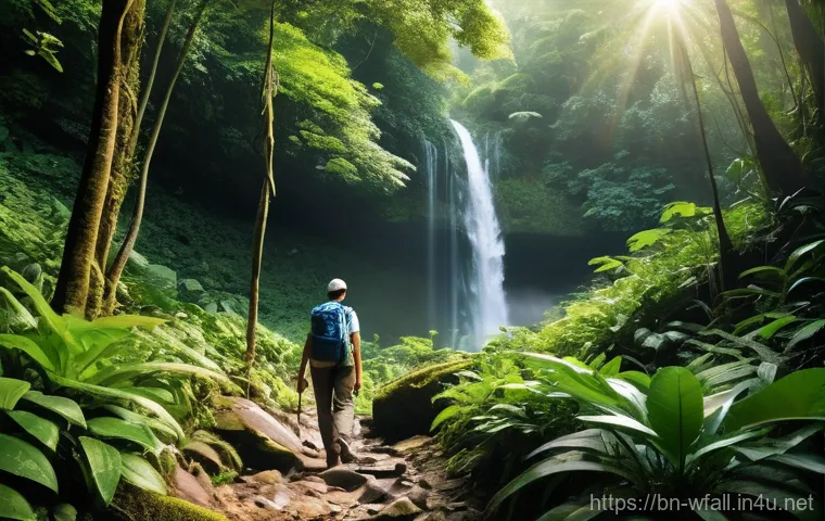 폭포가 있는 비밀 여행지 - **Prompt 1: "A lone adventurer stands in quiet awe before a majestic, hidden waterfall, deep within ...