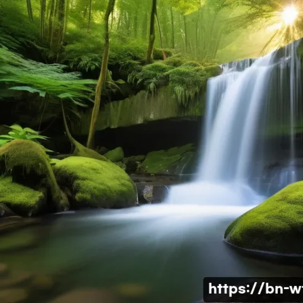 폭포 사진 촬영 팁 - A serene waterfall scene during early morning golden hour, soft natural sunlight illuminating the cl...
