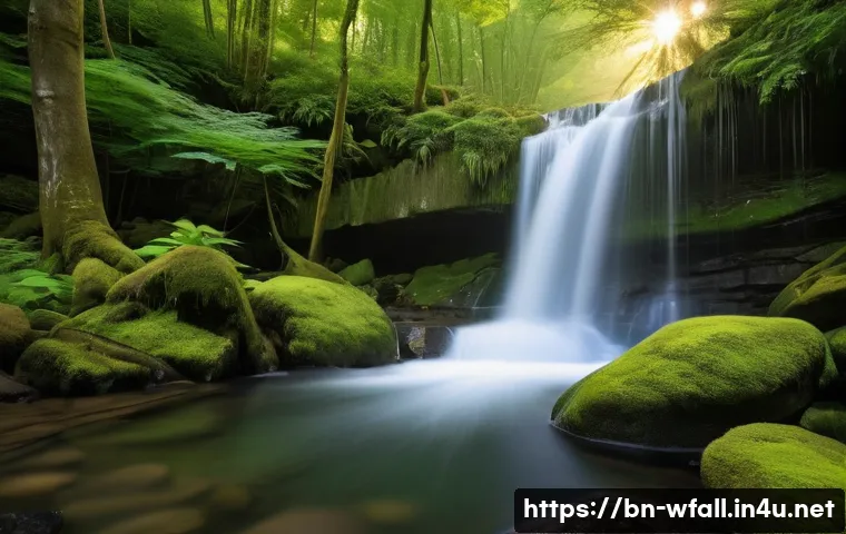 폭포 사진 촬영 팁 - A serene waterfall scene during early morning golden hour, soft natural sunlight illuminating the cl...