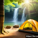 Home 22 폭포 주변에서 즐길 수 있는 와일드 캠핑 - A serene campsite beside a gently flowing waterfall in a lush Bengali forest, featuring a high-quali...