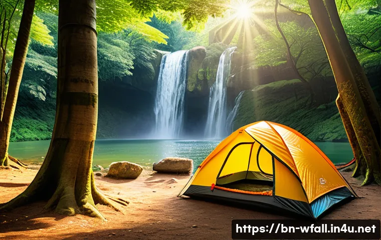 폭포 주변에서 즐길 수 있는 와일드 캠핑 - A serene campsite beside a gently flowing waterfall in a lush Bengali forest, featuring a high-quali...