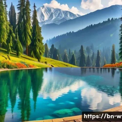 Home 32 폭포 주변 온천 추천 - A serene hot spring scene set in a lush, mountainous forest typical of Kashmir’s Gulmarg region, fea...