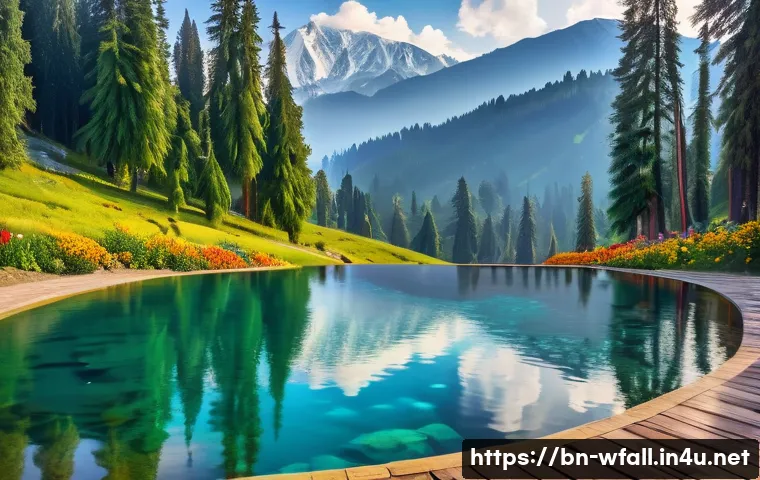 폭포 주변 온천 추천 - A serene hot spring scene set in a lush, mountainous forest typical of Kashmir&rsquo;s Gulmarg region, fea...