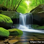 Home 19 폭포 주변 기암괴석 탐방 - A serene waterfall scene surrounded by a variety of natural rocks exhibiting diverse textures and co...