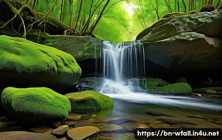폭포 주변 기암괴석 탐방 - A serene waterfall scene surrounded by a variety of natural rocks exhibiting diverse textures and co...