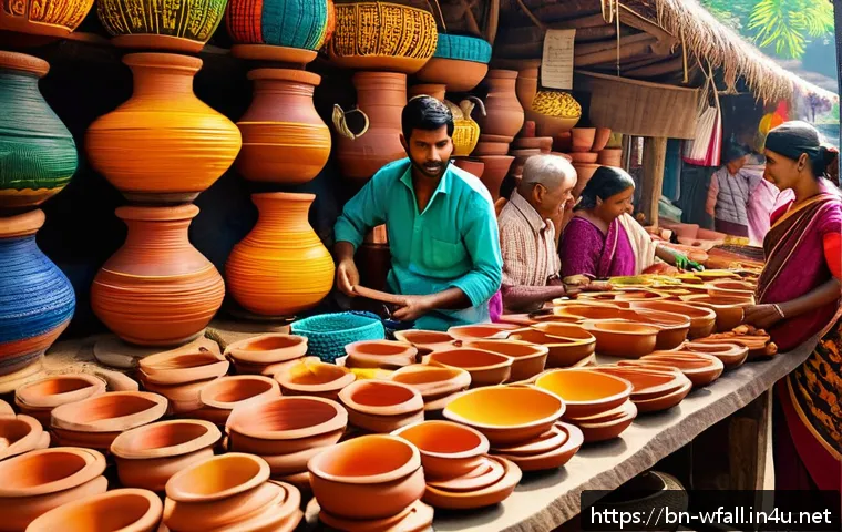 폭포 주변 전통시장 탐방 - A vibrant traditional Bengali market scene during daytime, featuring local artisans crafting handmad...