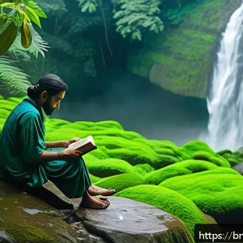Home 17 폭포 탐방을 위한 추천 도서 - A serene and lush forest scene featuring a gentle waterfall cascading over moss-covered rocks, surro...