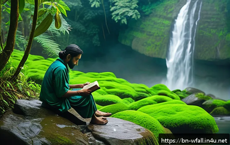 폭포 탐방을 위한 추천 도서 - A serene and lush forest scene featuring a gentle waterfall cascading over moss-covered rocks, surro...